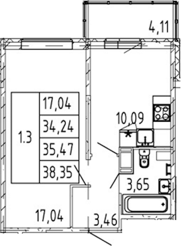 1-комнатная квартира 34.24 м², 7/12 эт., ЖК «Полис ЛАВрики»